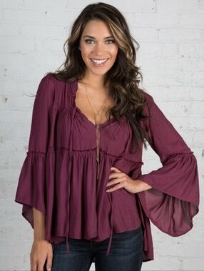 Free People XS Maroon A Few of My Favorite Things Boho Bell Sleeve Blouse